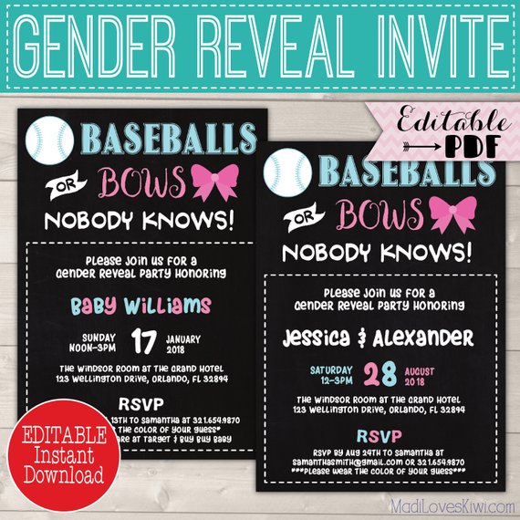 5x7 Baseballs or Bows Gender Reveal Invitation, Digital Party Invites, Editable PDF Printable, He She Baby Card Pink Blue Instant Download