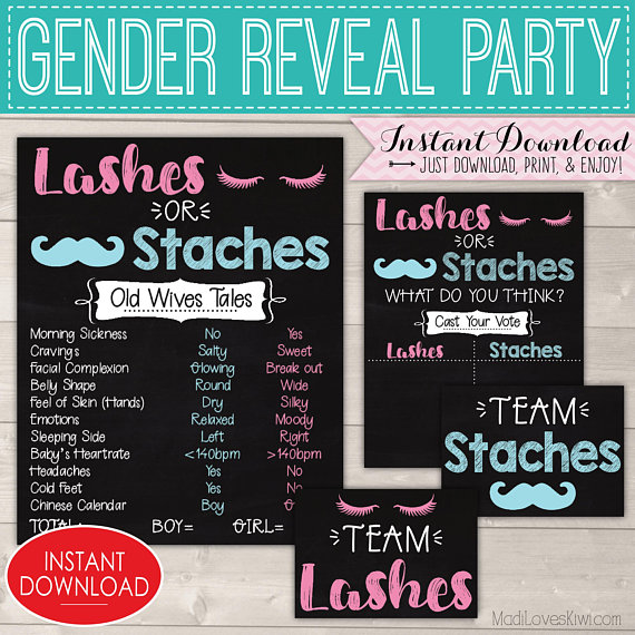 Staches or Lashes Gender Reveal Decorations, Old Wives Tales Sign Printable, Chalkboard Party Decor Ideas, Boy Girl Digital Baby Vote Tally