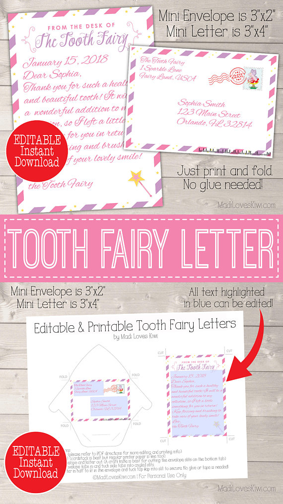 Editable Tooth Fairy Letter With Envelope Printable Pink