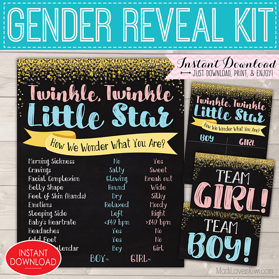 Twinkle Twinkle Little Star Gender Reveal Party Kit, Digital Old Wives Tales Chalkboard Sign, Baby Vote Ideas, Team Boy Girl Printable Decor