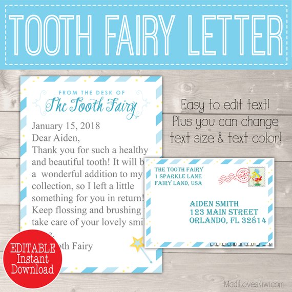 Blue Tooth Fairy Letter With Envelope Printable First Lost Tooth