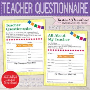 Custom Teacher Gift Ideas Questionnaire, Printable Room Mom Back to School Form, Class Wish List for End Year Appreciation PTA PTO Staff PDF
