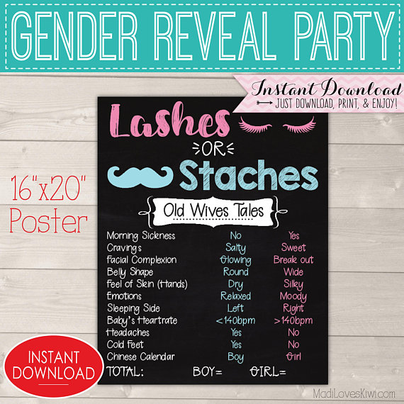 Staches or Lashes Gender Reveal Decorations, Digital Old Wives Tale Chalkboard Sign, Printable Baby Party Ideas, Instant Download Decor Kit