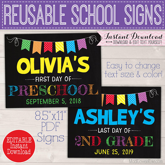 First Day of School Sign Printable, 1st Day Chalkboard Instant Download, Reusable PDF Template, Back to End of Year Last Digital Photo Props