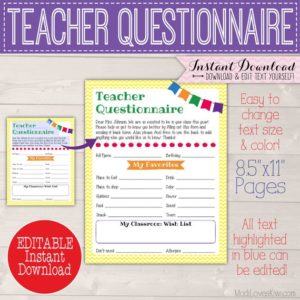 Custom Teacher Gift Ideas Questionnaire, Printable Room Mom Back to School Form, Class Wish List for End Year Appreciation PTA PTO Staff PDF
