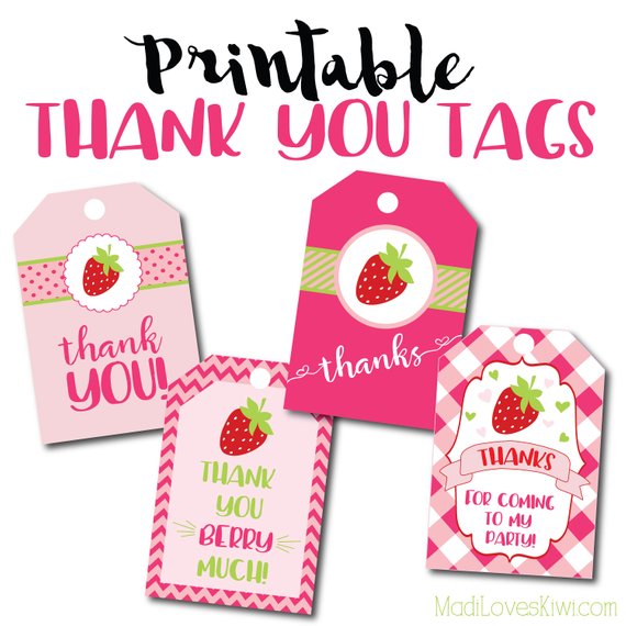 Strawberry Birthday Party Thank You Tags, Printable Thank You Tags