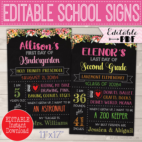 Reusable First Day of School Sign Printable, Last Day Poster Editable, Digital Back to School Chalkboard End of Year Photo Prop 1st Template