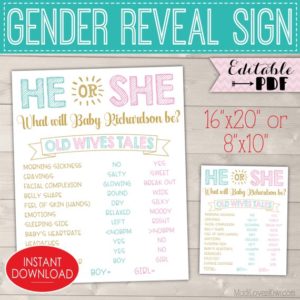 Personalized Gender Reveal Decorations, Old Wives Tales Sign Printable, He She Digital Party Decor Ideas, Pink Blue Girl Boy Editable Poster