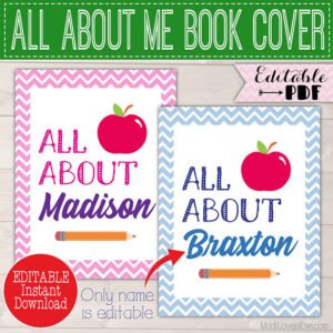 Personalized All About Me Book COVER Kit, School Memory Book Cover Page, Customized Binder Cover Instant Download, Name Cover Sheet Editable