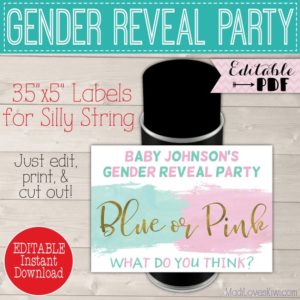 Personalized Silly String Label for Gender Reveal, Decorations Printable Blue Or Pink Party Decor Idea Baby Girl Boy Digital Goofy Spray Can