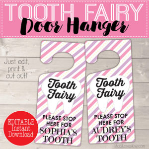 Personalized Tooth Fairy Door Kit Digital, Girl Tooth Printable Gift, Pink Purple Door Hanger, DIY Hanging First Lost Tooth Sign Certificate