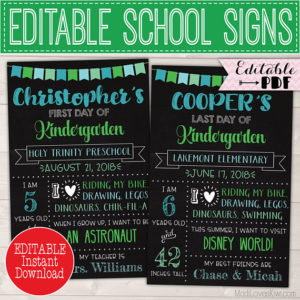 First Day of School Sign Editable PDF, Last Day Chalkboard Photo Prop Instant Download, Printable Reusable Back 1st End Year Blue Green Boy