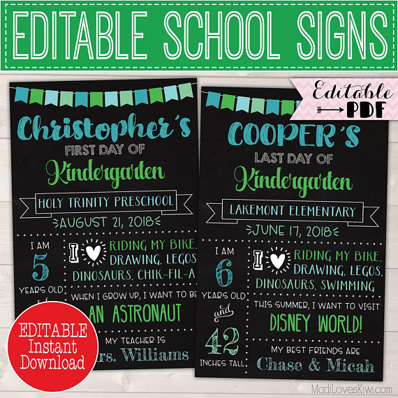 First Day of School Sign Editable PDF, Last Day Chalkboard Photo Prop Instant Download, Printable Reusable Back 1st End Year Blue Green Boy