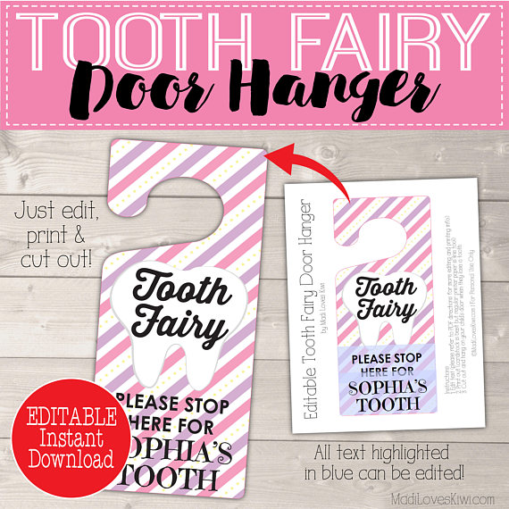 Personalized Tooth Fairy Door Kit Digital, Girl Tooth Printable Gift, Pink Purple Door Hanger, DIY Hanging First Lost Tooth Sign Certificate