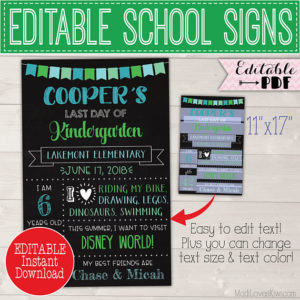 First Day of School Sign Editable PDF, Last Day Chalkboard Photo Prop Instant Download, Printable Reusable Back 1st End Year Blue Green Boy