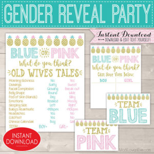 Pineapple Gender Reveal Decorations, Old Wives Tales Printable Poster, Baby Party Ideas, Vote Board, Team Pink Decor, Digital Blue Signs Set