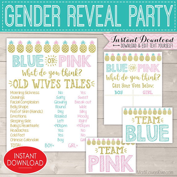 Pineapple Gender Reveal Decorations, Old Wives Tales Printable Poster, Baby Party Ideas, Vote Board, Team Pink Decor, Digital Blue Signs Set