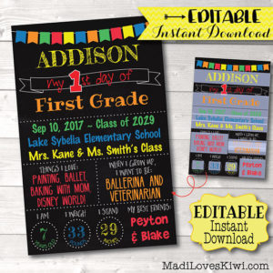 Editable First Day of School Sign, Printable Back to School Sign, 1st Day Chalkboard Photo Prop, Reusable PDF Template, Instant Download Kit