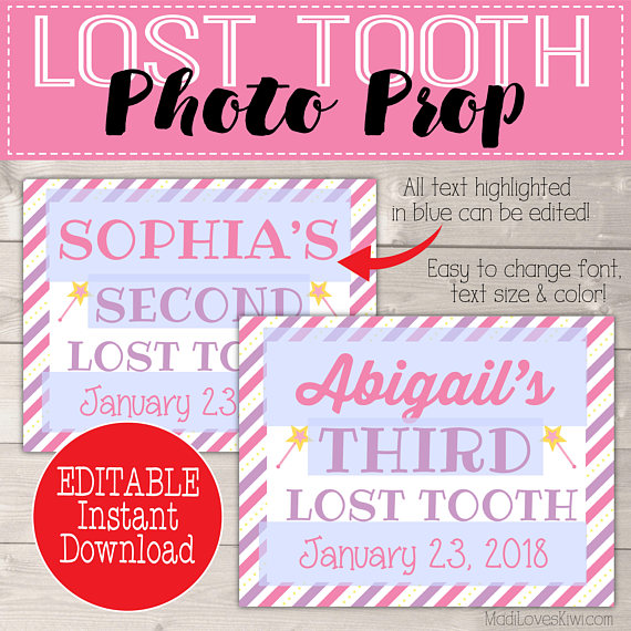 Girl Tooth Fairy Printable Photo Prop, Personalized First Lost Tooth Gift Ideas, Digital Download, Last Minute Girls Props, PDF Template 1st