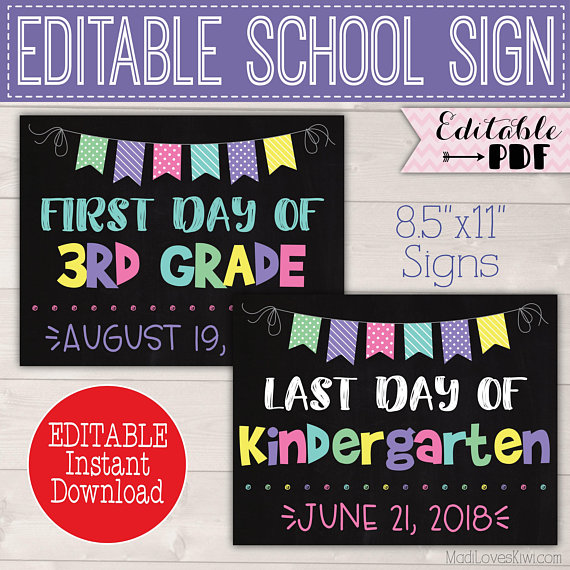 First Day of School Sign Editable PDF, Last Day Chalkboard Printable, Digital End Year Gift Idea Girl Reusable Back to School Photo Prop 1st