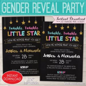 5x7 Twinkle Twinkle Little Star Gender Reveal Invitation, How We Wonder What You Are, Editable Party Invites, Digital Baby Instant Download