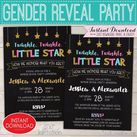 Editable Digital File Boy Girl Twins Moon Stars Blue Instant Download 96 Twinkle Twinkle Little Star Birthday Party Invitation Pink