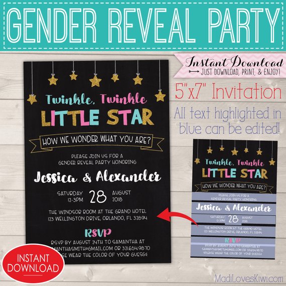 5x7 Twinkle Twinkle Little Star Gender Reveal Invitation, How We Wonder What You Are, Editable Party Invites, Digital Baby Instant Download
