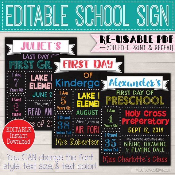 8.5x11 First Day of School Sign Printable, Last Day EDITABLE PDF, 1st Day Photo Prop Digital, Reusable Back to School End of Year Chalkboard