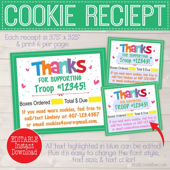 EDITABLE Cookie Receipt, Cookie Thank You Receipt, Cookie Sales Receipt, Cookie Thank You Card, Cookie Printable, Scout Printable, Scout Mom