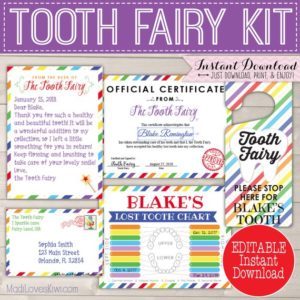 Printable Letter from Tooth Fairy Kit Instant Download, Lost Teeth Tracker PDF Editable Door Hanger First Lost Chart DIY Digital Rainbow Set