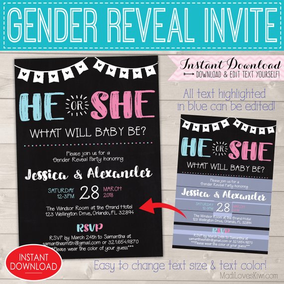Gender Reveal Invitation Editable, Baby Gender Reveal Party, Gender Reveal Invitation Instant Download, Gender reveal Invitation Printable