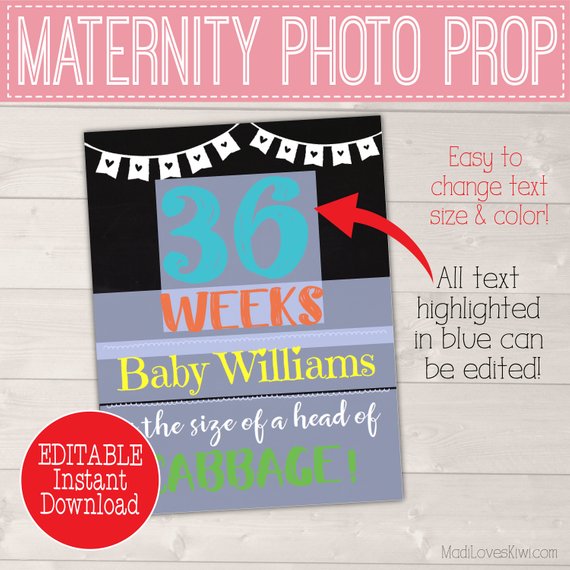 Editable Pregnancy Chalkboard Sign, Pregnancy Week Sign, DIY Pregnancy Photo Prop, Pregnancy Week By Week Chalkboard, Pregnancy Weekly Photo