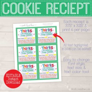 EDITABLE Cookie Receipt, Cookie Thank You Receipt, Cookie Sales Receipt, Cookie Thank You Card, Cookie Printable, Scout Printable, Scout Mom