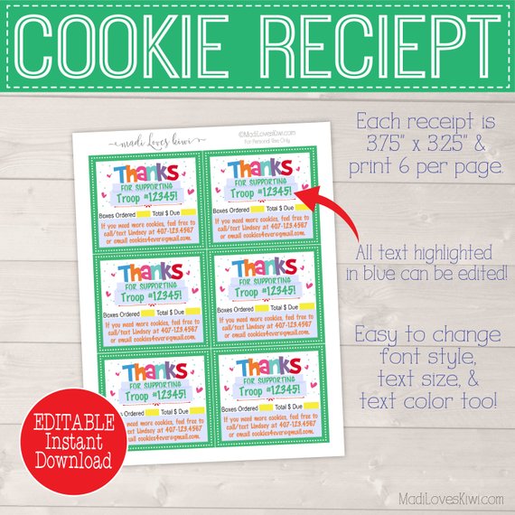 EDITABLE Cookie Receipt, Cookie Thank You Receipt, Cookie Sales Receipt, Cookie Thank You Card, Cookie Printable, Scout Printable, Scout Mom
