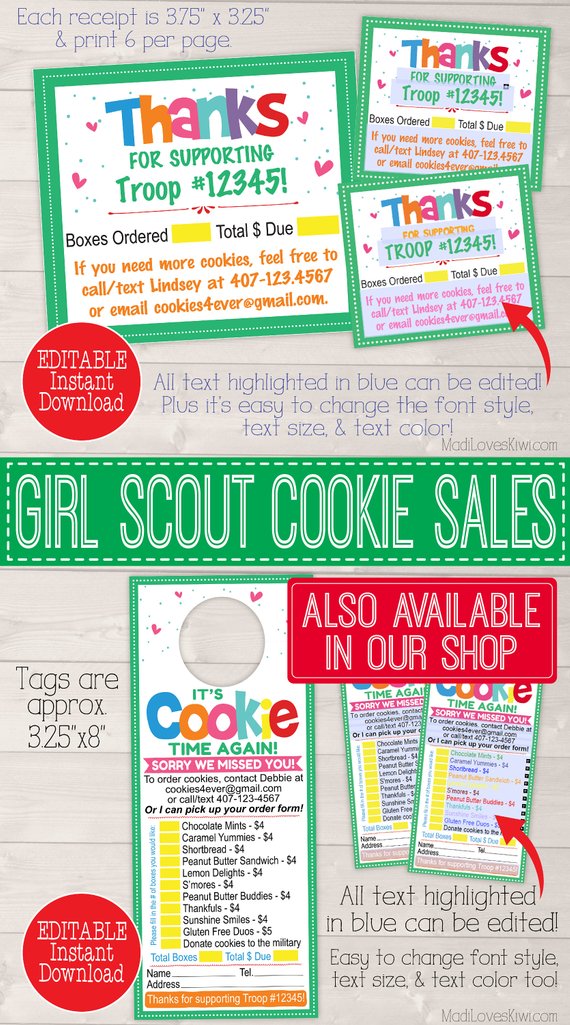 1cEDITABLE Cookie Receipt, Cookie Thank You Receipt, Cookie Sales Receipt, Cookie Thank You Card, Cookie Printable, Scout Printable, Scout Mom