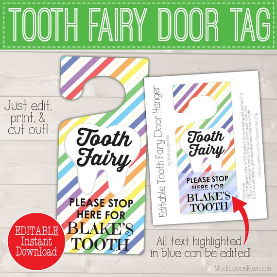 Printable Letter from Tooth Fairy Kit Instant Download, Lost Teeth Tracker PDF Editable Door Hanger First Lost Chart DIY Digital Rainbow Set