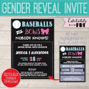 5x7 Baseballs or Bows Gender Reveal Invitation, Digital Party Invites, Editable PDF Printable, He She Baby Card Pink Blue Instant Download