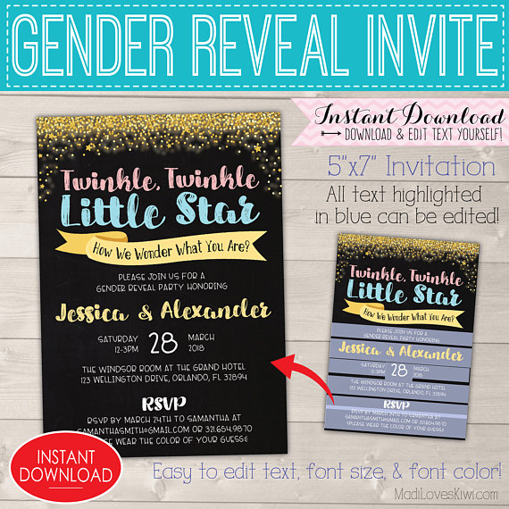 Twinkle Twinkle Little Star Gender Reveal Invitation, Editable Gender Reveal Invitation, 5x7 Gender Reveal Party Invitation Instant Download