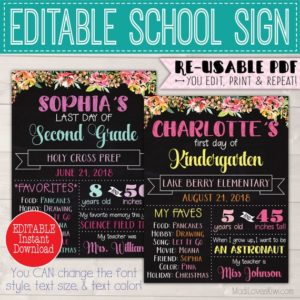 Boho First Day of School Sign Printable, Last Day Poster Digital, End Year Photo Prop 1st Back to Girl Gift Ideas Chalkboard Flower Reusable