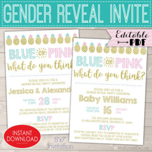 Blue Pink Gender Reveal Invitations, Pineapple Gender Reveal Party Invites Digital Download, Invitation Template Kit Pregnancy Printable PDF