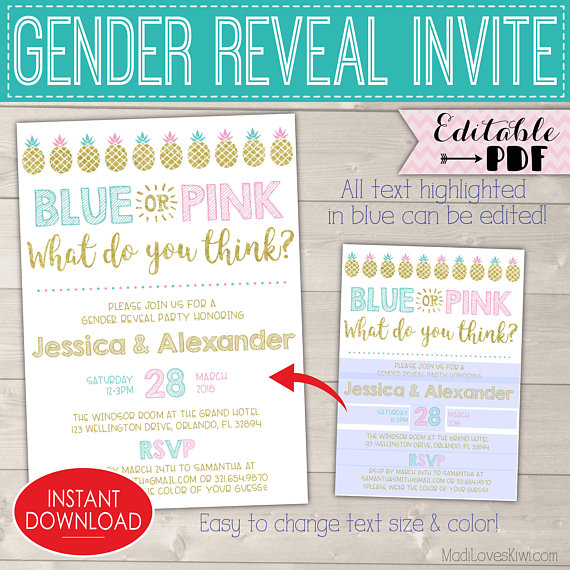 Blue Pink Gender Reveal Invitations, Pineapple Gender Reveal Party Invites Digital Download, Invitation Template Kit Pregnancy Printable PDF