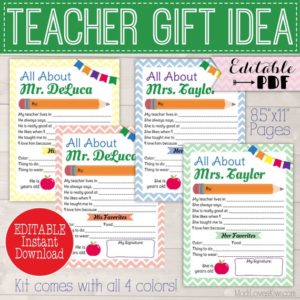Personalized All About My Teacher Printable, Custom End of Year Teacher Appreciation Gift Idea Editable Memory Book Template Reusable School