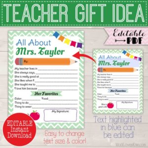 Personalized All About My Teacher Printable, Custom End of Year Teacher Appreciation Gift Idea Editable Memory Book Template Reusable School