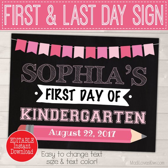 EDITABLE First Day of School Sign, Printable 1st Day Chalkboard Photo Prop, Pink Digital Last Day PDF Template, Digital End Year Back Girl