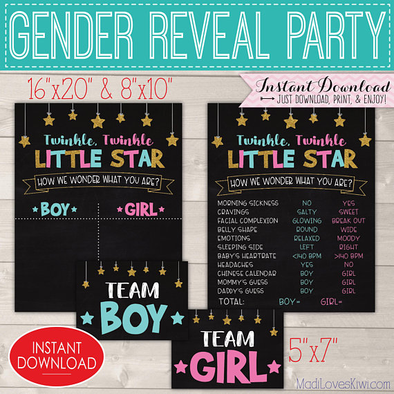 Twinkle Twinkle Little Star Gender Reveal Decorations, Printable Old Wives Tale Chalkboard Sign, Vote Ideas Team Baby Boy Girl Digital Decor