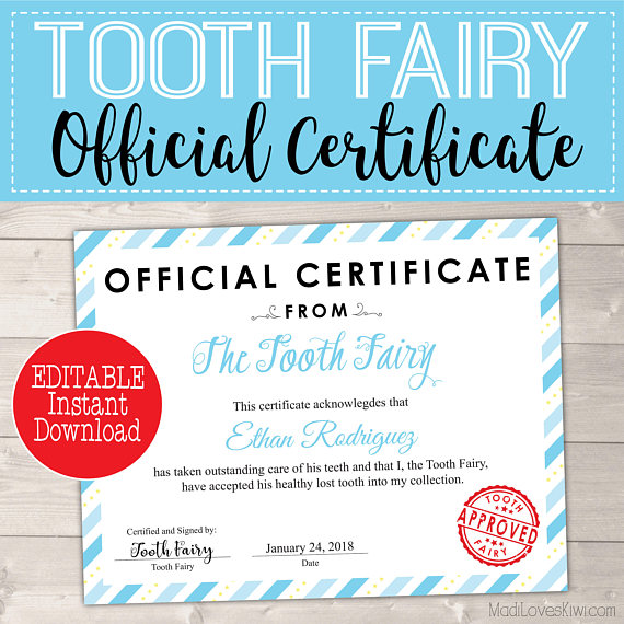 Blue First Lost Tooth Certificate For Boys Editable Tooth Fairy