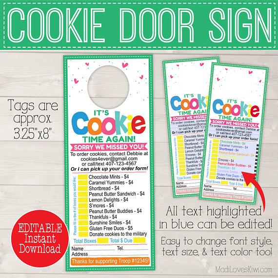 EDITABLE Cookie Sale Door Hanger Printable, Cookie Sales Door Sign, Cookie Order Form, Cookie Printable, Cookie Door Hanger, Scout Printable