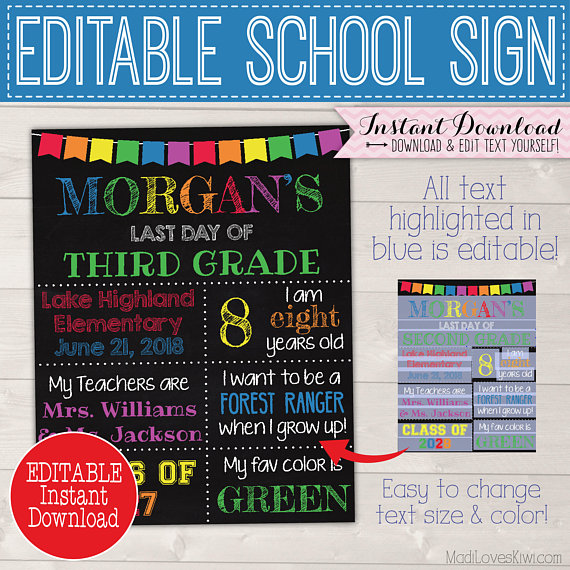 Reusable First Day of School Sign, 8x10 Last Day Printable Poster, Back to School Chalkboard, 1st Photo Prop Rainbow End of Year Digital PDF