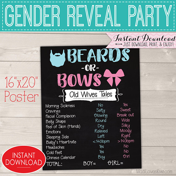 Beards or Bows Gender Reveal Decorations, Old Wives Tales Chalkboard Sign Printable, Baby Gender Reveal Party Ideas, Digital Download Decor