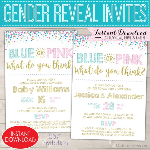 Blue Pink Gender Reveal Invitations, Party Invites Digital Download, Baby Invitation Template Pregnancy Invite Custom Printable Girl Boy PDF